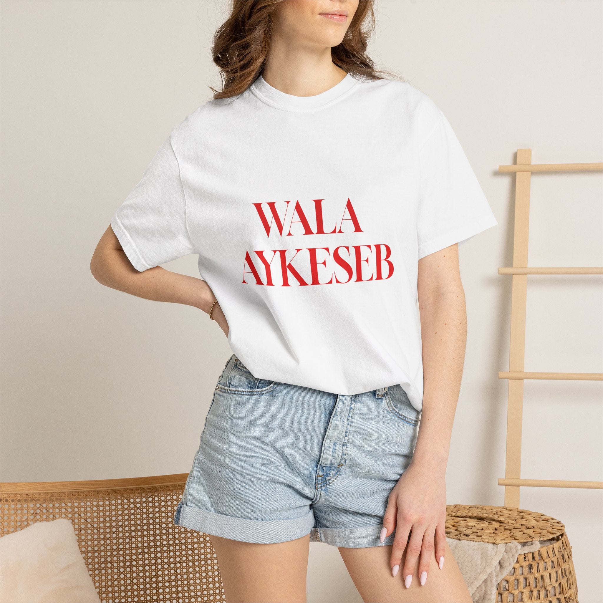T-Shirt — Minimal Red Text Graphic Tee ('WALA AYKESEB')