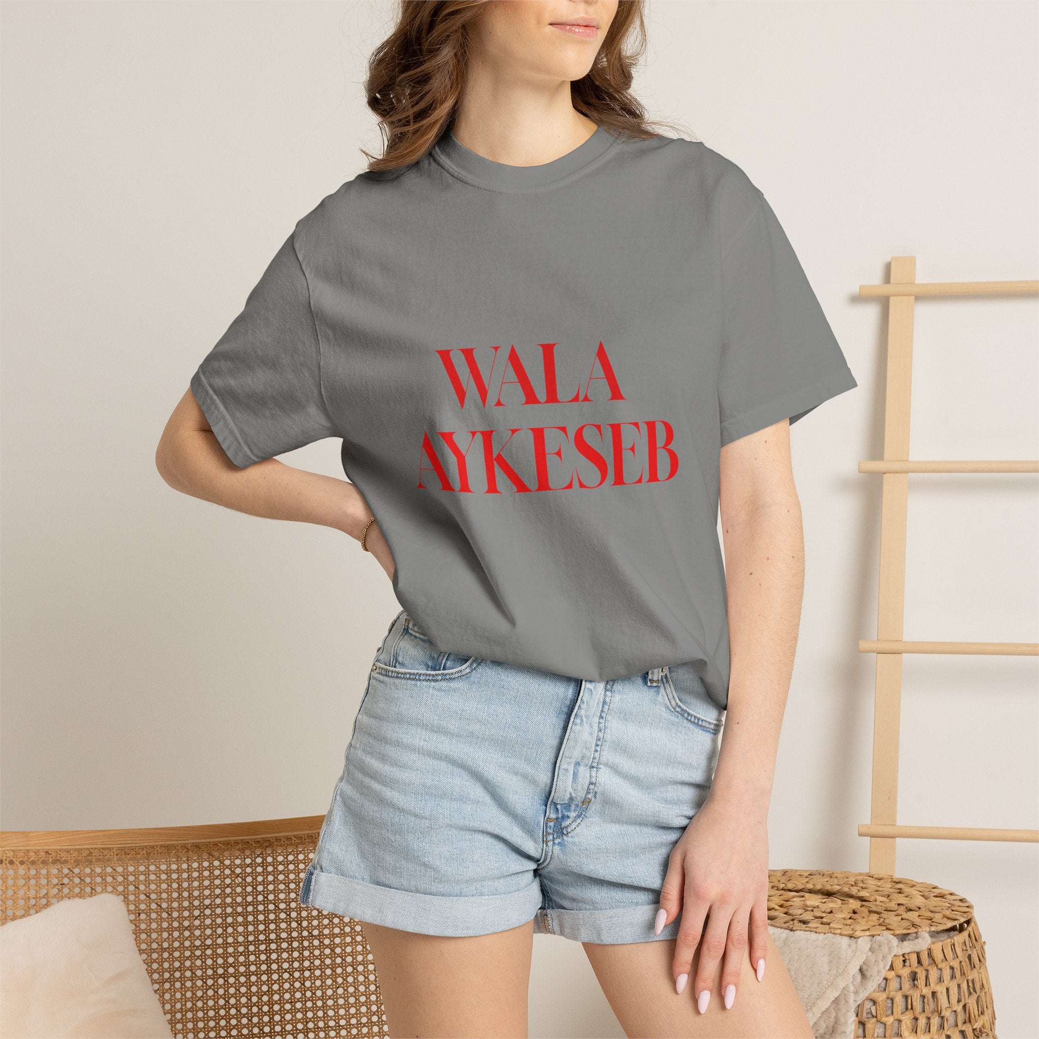 T-Shirt — Minimal Red Text Graphic Tee ('WALA AYKESEB')
