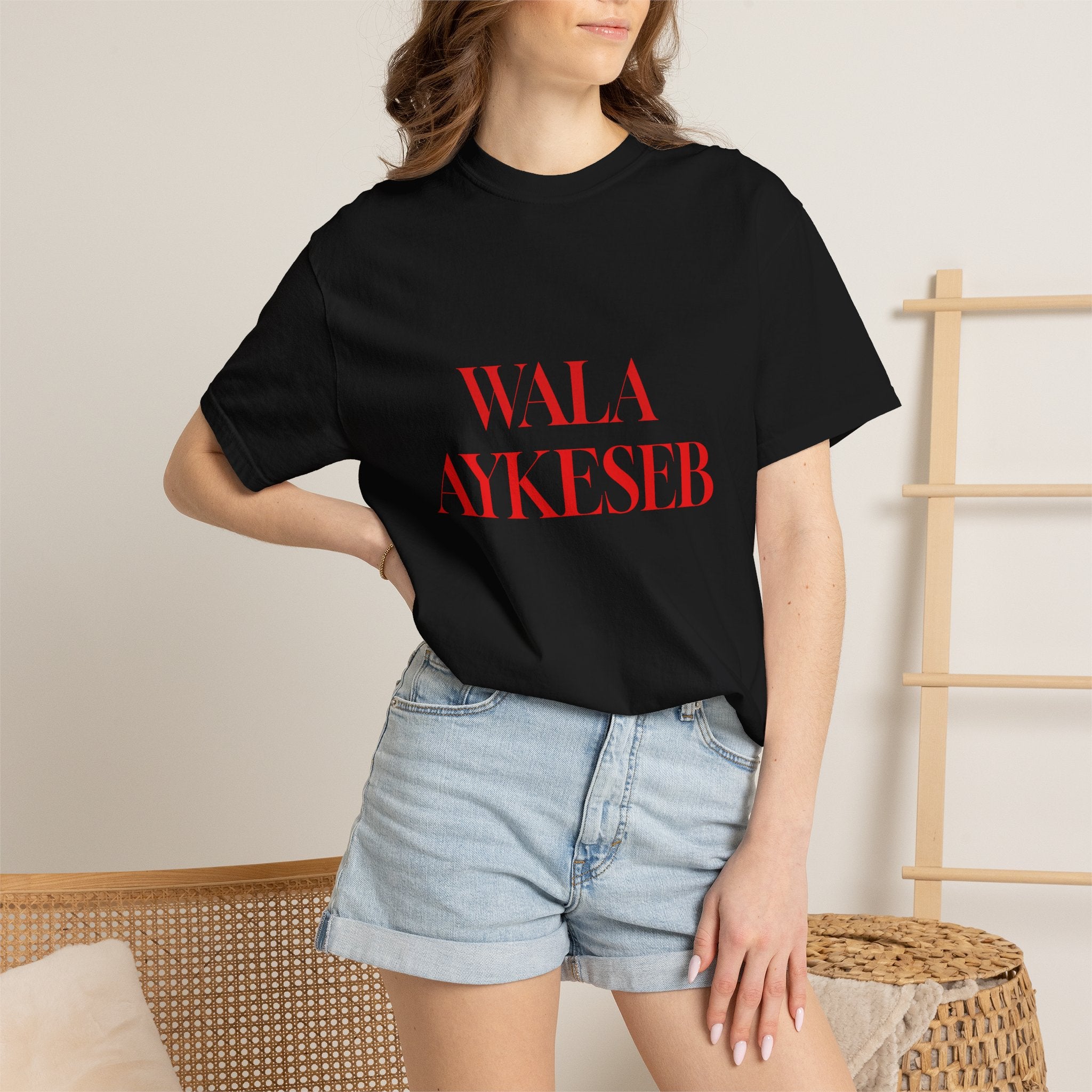 T-Shirt — Minimal Red Text Graphic Tee ('WALA AYKESEB')
