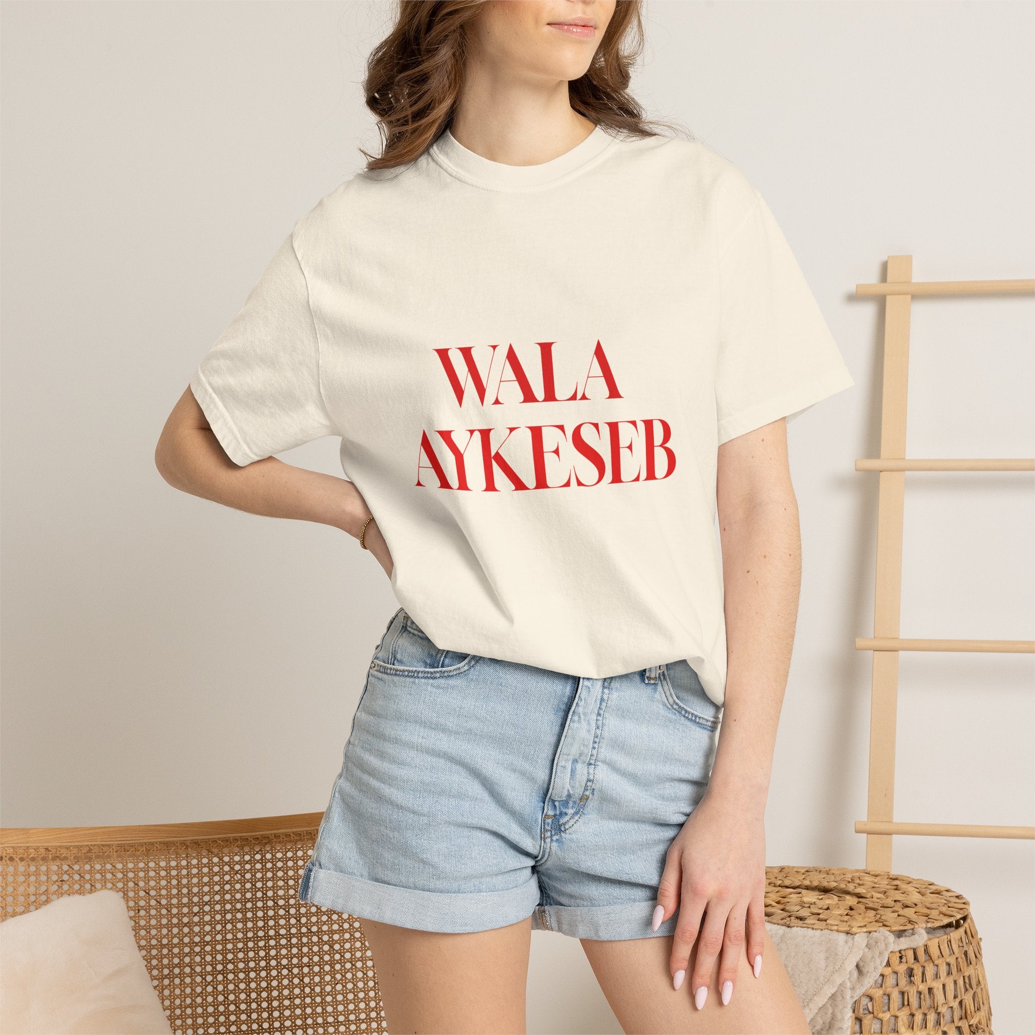 T-Shirt — Minimal Red Text Graphic Tee ('WALA AYKESEB')